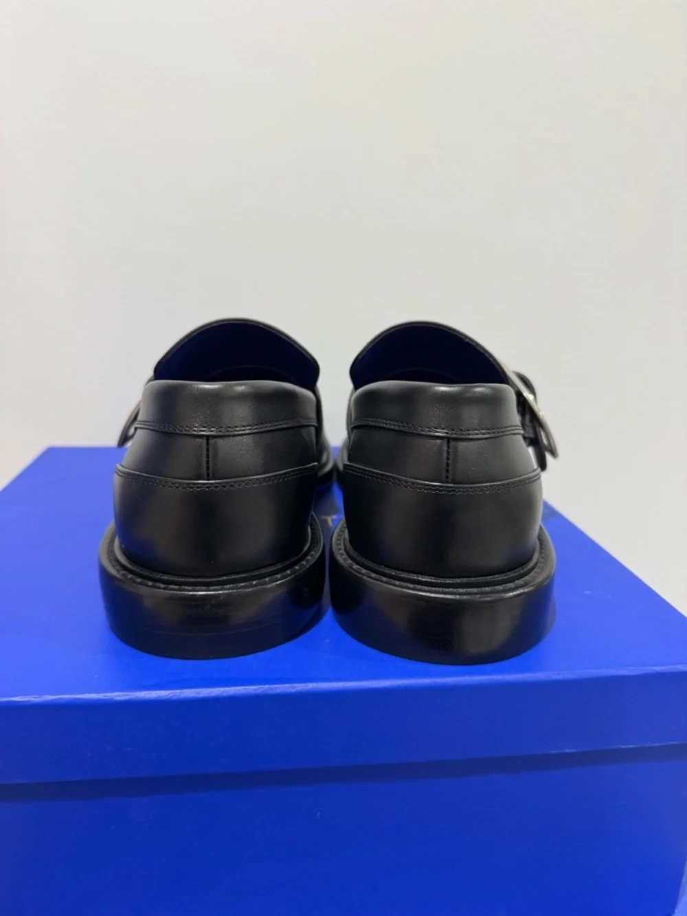 Burberry Black Leather Buckle Monk Strap Loafers with Blue Insole